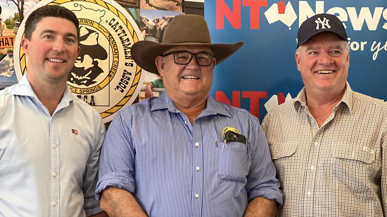 Shadow Agriculture Minister Joshua Burgoyne, NT Cattlemens Association president Henry Burke, and Agriculture Minister Mark Monaghan at the NT News Ag Leaders Debate in Katherine on 22 July, 2024. Picture: Fia Walsh