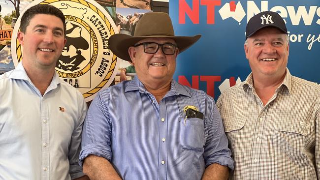 Shadow Agriculture Minister Joshua Burgoyne, NT Cattlemens Association president Henry Burke, and Agriculture Minister Mark Monaghan at the NT News Ag Leaders Debate in Katherine on 22 July, 2024. Picture: Fia Walsh