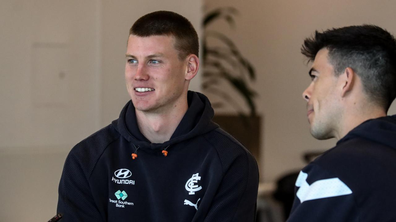 Carlton's Sam Walsh waiting to fly to Gather Round. Picture: Cristian Filippo