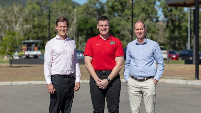 Geon executive director Ben Griffin, Coles regional manager Todd Riches, and Geon project director Mark Hunt at the site of the Riverway Plaza expansion. Picture: Roslyn Budd.