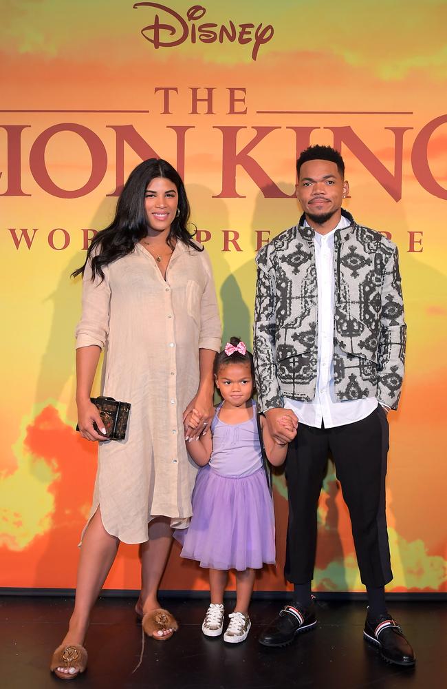 (L-R) Kirsten Corley, Kensli Bennett, and Chance The Rapper attend the World Premiere of Disney's The Lion King at the Dolby Theatre on July 09, 2019 in Hollywood, California. Picture: Charley Gallay