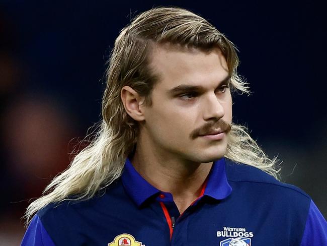 MELBOURNE, AUSTRALIA - APRIL 12: Bailey Smith of the Bulldogs gicves the thumbs up during the 2024 AFL Round 05 match between the Western Bulldogs and the Essendon Bombers at Marvel Stadium on April 12, 2024 in Melbourne, Australia. (Photo by Michael Willson/AFL Photos via Getty Images)