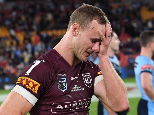 Daly Cherry-Evans of the Maroons reacts after losing 26-0 in game two of the 2021 State of Origin series. Picture: Bradley Kanaris/Getty Images