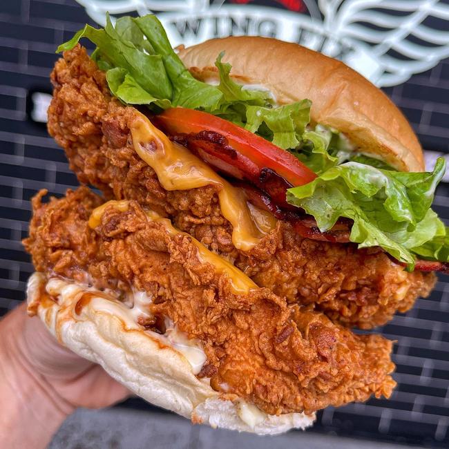 The chicken and bacon burger, with a sneaky extra chicken pattie. Picture: Wing Fix.