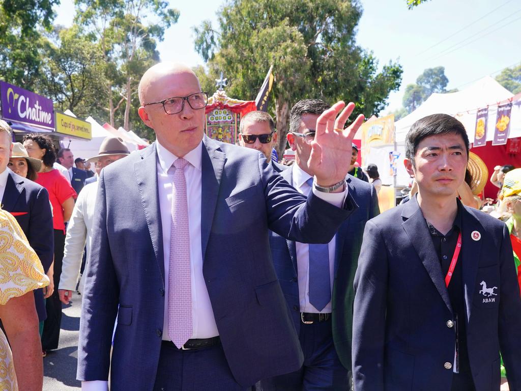 Opposition Leader Peter Dutton attended a Lunar New Year event in Box Hill on Saturday. Picture: Luis Enrique Ascui