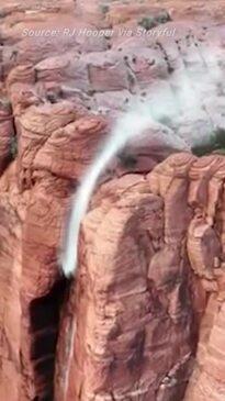 Drone Video Captures Rare Reverse Waterfall in South West Utah