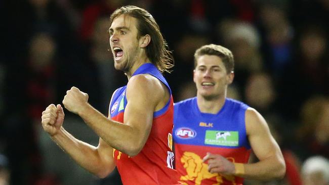 Rhys Mathieson celebrates after kicking a goal. Picture: Getty Images