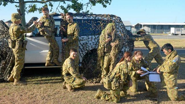 CAMOFLAUGE TRAINING: (l to r) CdtWO2 Bailey Catlin, CdtCpl Liam Harrison, CdtRec Jayden White, CdtRec Joel Campbell, Cdt Kyle Dorsett, CdtRec Bernadette Catubig, CdtCpl Alexis Kajewski, CdtRec Riley Offord and CdtSgt Maxie Mamaril. Picture: Jann Houley