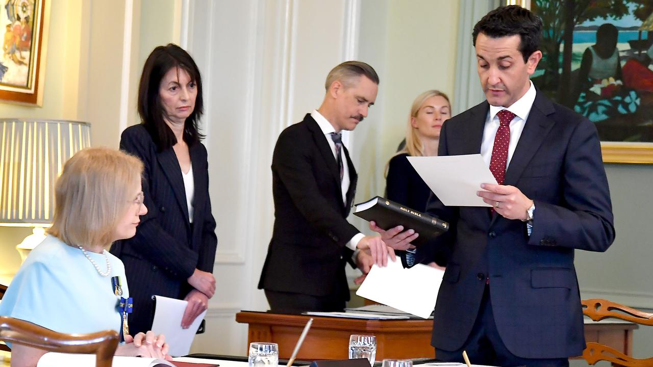 Governor Jeannette Young swore in LNP leader David Crisafulli as Queensland’s 41st Premier on Monday after Saturday’s state election. Picture: NewsWire / John Gass