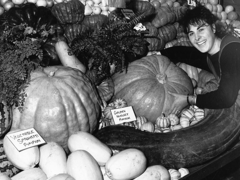 Ourania Dounas with huge pumpkins at Arthur’s Fruit Island stall, 1991.