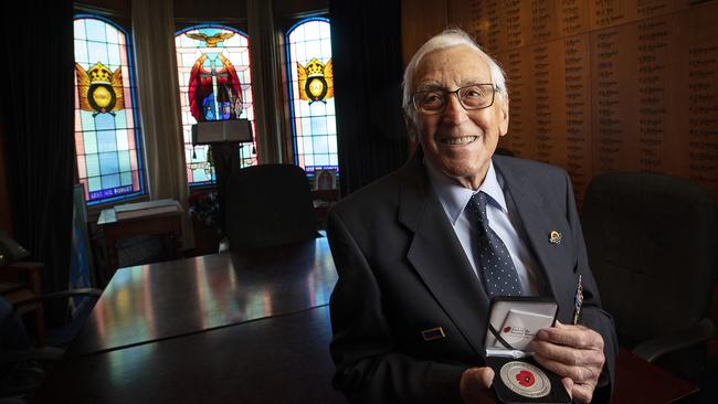 Commemorative medallion presentation to Brian Winspear (WWII RAAF veteran)/75th anniversary of Victory in the Pacific Day at the RAAF Association Building, Hobart. Picture Chris Kidd