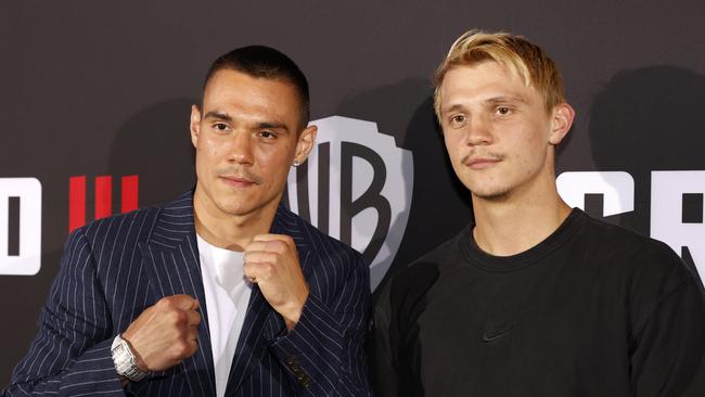 DAILY TELEGRAPH FEBRUARY 28, 2023. Tim Tszyu and brother Nikita Tszyu on the red carpet of the Creed III Premiere at Hoyts Entertainment Quarter, Moore Park. Picture: Jonathan Ng