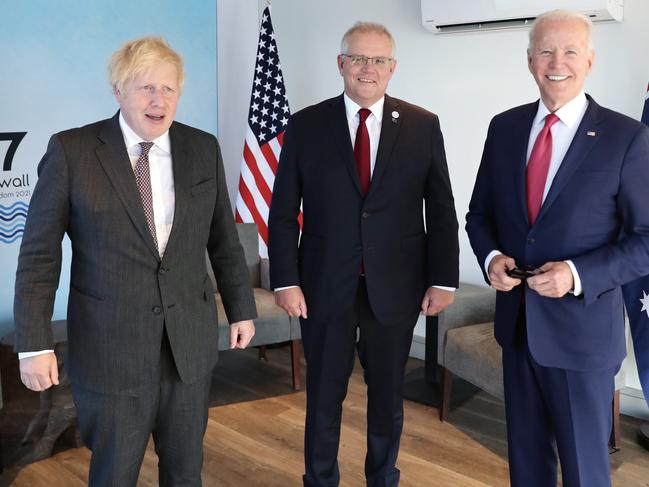 Australian Prime Minister Scott Morrison had a trilateral meeting with American President Joe Biden and England’s Prime Minister Boris Johnson during the G7 Leaders meeting in Cornwall, United Kingdom on Saturday, June 12, 2021. Picture: Adam Taylor/PMO