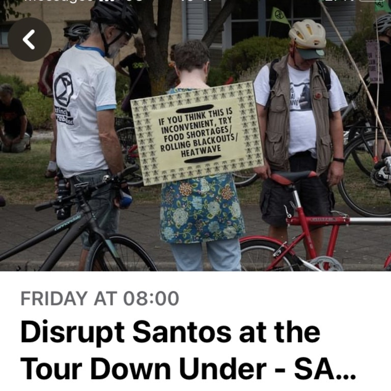 Radical climate activist group Extinction Rebellion has vowed to cause problems for the main sponsor of the Tour Down Under cycling race, Santos. Picture: Facebook