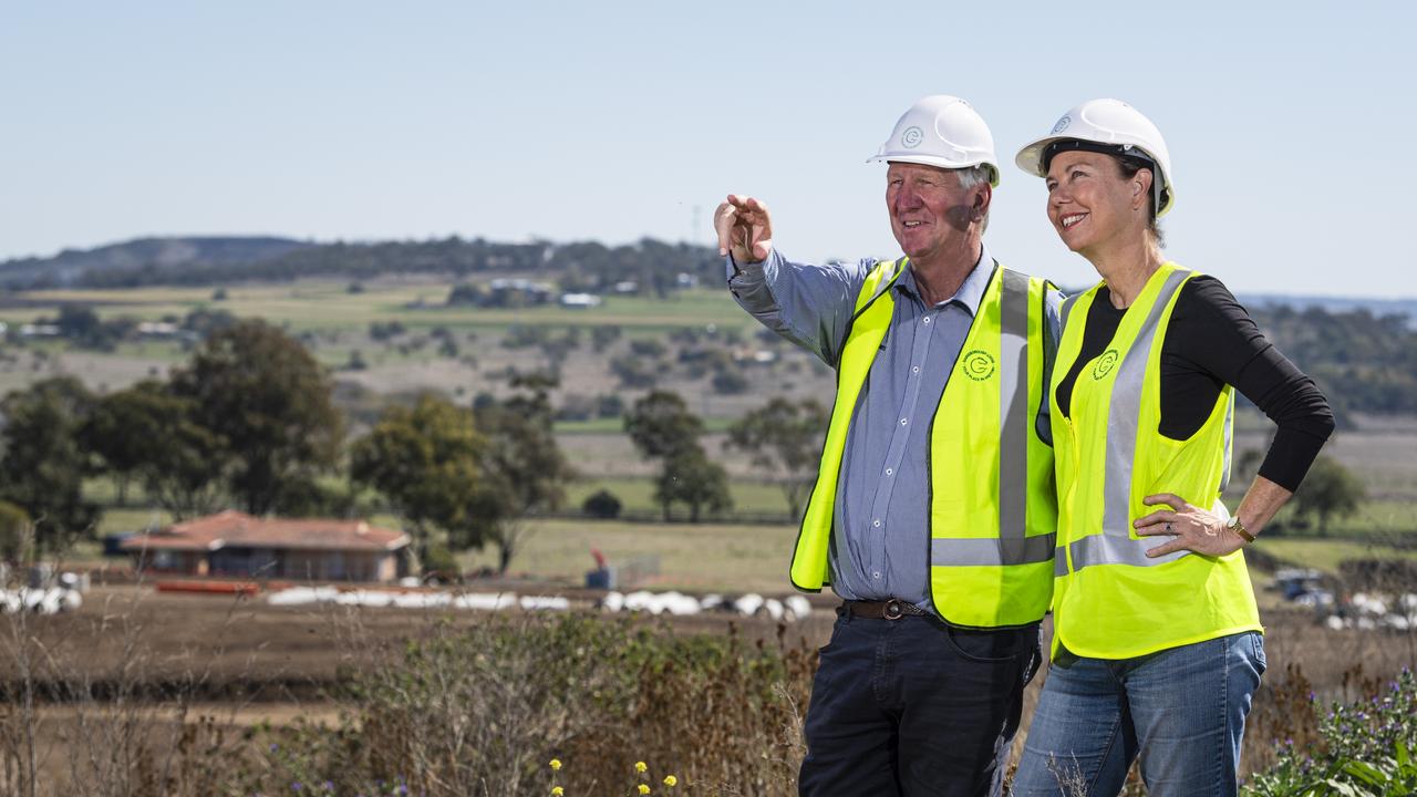 Wagner Corporation director Denis Wagner and Richards Group managing director Melinda Richards at their Gainsborough Lodge subdivision, off Toowoomba-Cecil Plains Road in Wellcamp, Friday, August 23, 2024. Picture: Kevin Farmer