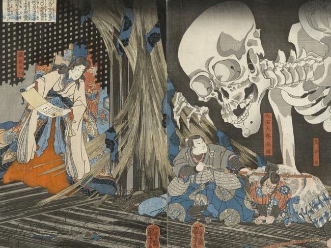 Japan Supernatural Art Gallery of NSWUtagawa Kuniyoshi'Mitsukuni defies the skeleton spectreconjured up by Princess Takiyasha'1845–46woodblock print; ink and colour on papertriptych 36.9 x 74.2 cmBritish Museum, donated by AmericanFriends of the British Museum fromthe collection of Prof Arthur R Miller2008.3037.20106Photo: © The Trustees of the BritishMuseum