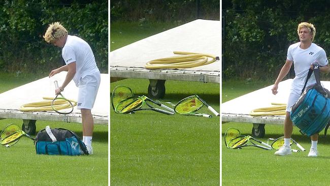 Australian tennis player Akira Santillan smashed five racquets in an epic meltdown after his Wimbledon qualifying loss. Picture: Twitter/Ricky Dimon @Dimonator