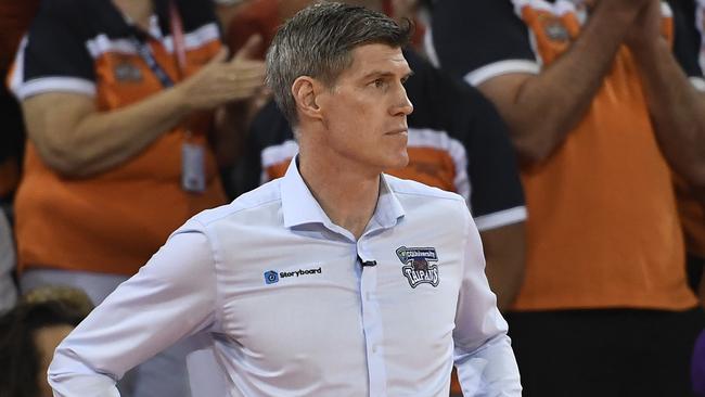 CAIRNS, AUSTRALIA – JANUARY 31: Taipans coach Mike Kelly looks on during the round 18 NBL match between the Cairns Taipans and the Illawarra Hawks at the Cairns Convention Centre on January 31, 2020 in Cairns, Australia. (Photo by Ian Hitchcock/Getty Images)