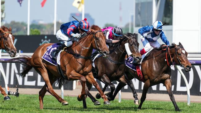 Picaroon ridden by Blake Shinn, outside, wins the Melbourne Cup Carnival Country Final at Flemington. Picture: Scott Barbour