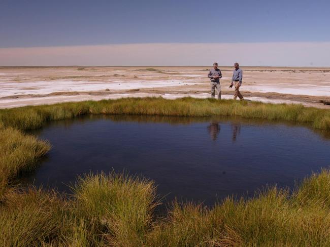 Mound Springs. Premier Mike Rann inspects the Blanche Cup mound spring at Coward Springs with Roger Higgins, Vice President and Cheif Operating Officer of BHP Billiton Base Metals.