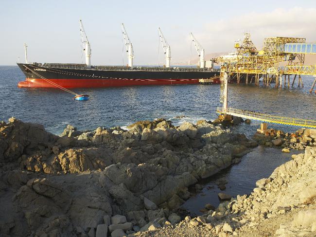 This is an undated company photograph of a Rio Tinto Group ship picking up copper from the Escondida mine in Chile, provided to the media on Jan. 21, 2008. Source: Rio Tinto Group via Bloomberg News