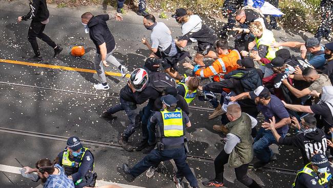 Protesters meet a huge police presence in Richmond. Picture: Jason Edwards