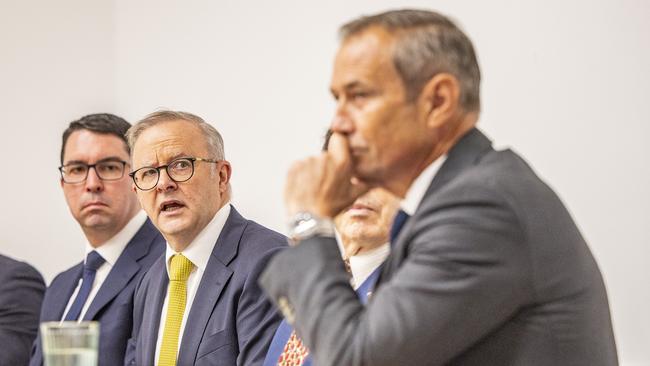 Anthony Albanese and Roger Cook at a private meeting with the Jewish community following the Holocaust Memorial in Yokine. Picture: NewsWire / Kelsey Reid