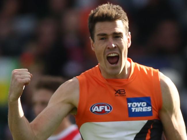 CANBERRA, AUSTRALIA - MAY 04: Jeremy Cameron of the Giants celebrates kicking a goal during the round seven AFL match between the Greater Western Sydney Giants and the St Kilda Saints at Manuka Oval on May 04, 2019 in Canberra, Australia. (Photo by Mark Metcalfe/AFL Photos/Getty Images)