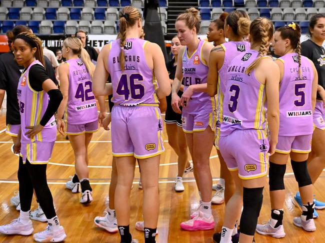 MELBOURNE, AUSTRALIA - FEBRUARY 28: Boomers players react following the WNBL match between Southside Flyers and Melbourne Boomers at Melbourne Sports Centres - Parkville, on February 28, 2024, in Melbourne, Australia. (Photo by Morgan Hancock/Getty Images)