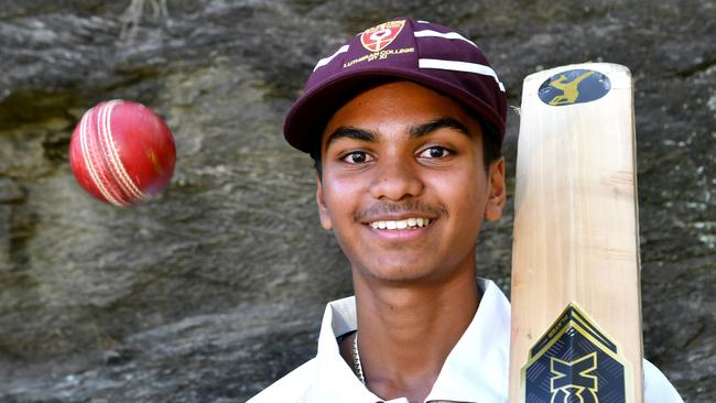 St Peters Lutheran College bowler Ashish NeredimulliAIC First XI cricket between St Peters Lutheran College and St Laurence's College. Saturday February 11, 2023. Picture, John Gass