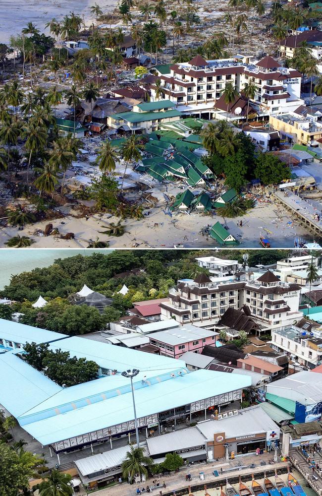 An aerial view of destruction of buildings on Koh Phi Phi on December 28, 2004 after the December 26, 2004 tsunami (top) and the same view on November 22, 2024. Picture: AFP