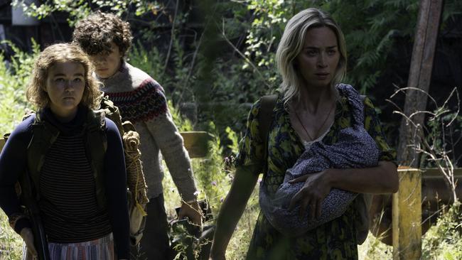 Millicent Simmonds, Noah Jupe and Emily Blunt in a scene from the movie A Quiet Place Part II. Picture: Paramount Pictures