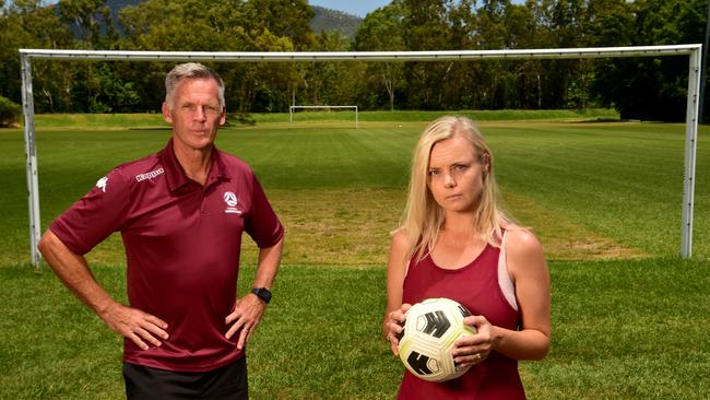 Football Queensland technical manager Michael Edwards and Mel Chun Tie at the MA Olympic Football Club grounds in Aitkenvale where the attack occurred. Picture: Evan Morgan