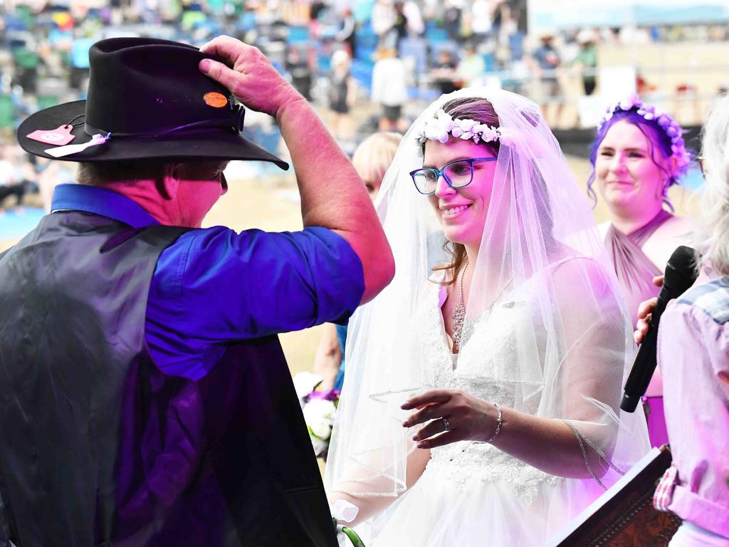 Simone Ward and Geoffrey Borninkhof, were married on The Hill Stage at Gympie Music Muster. Picture: Patrick Woods.