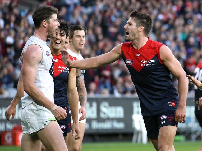 AFL Melbourne vs. Carlton (MCG) Jesse Hogan pushes Sam Sam Rowe after kicking a goal 4th term Picture:Wayne Ludbey