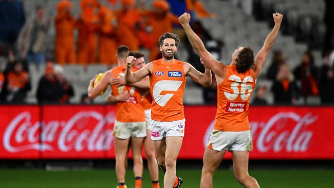 MELBOURNE, AUSTRALIA - JULY 27: Callan Ward of the Giants reacts on the final siren following the round 20 AFL match between Melbourne Demons and Greater Western Sydney Giants at Melbourne Cricket Ground, on July 27, 2024, in Melbourne, Australia. (Photo by Morgan Hancock/AFL Photos/via Getty Images)