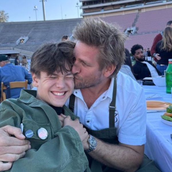 Curtis Stone with son Hudson at LA’s Rose Bowl Stadium. Picture: Instagram