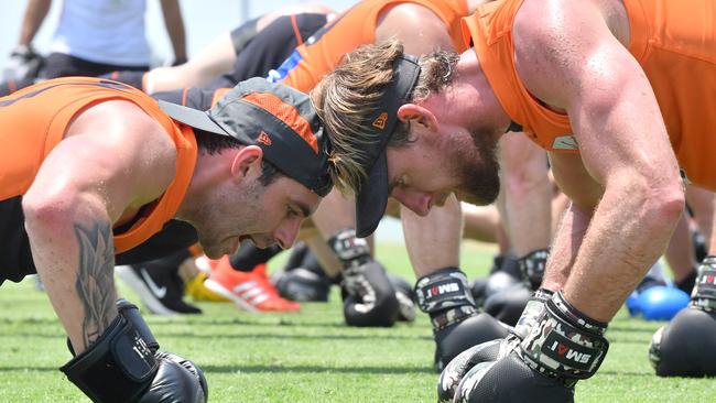 Lachie Keeffe, right, at training with Jeremy Finlayson. Picture: John McCutcheon