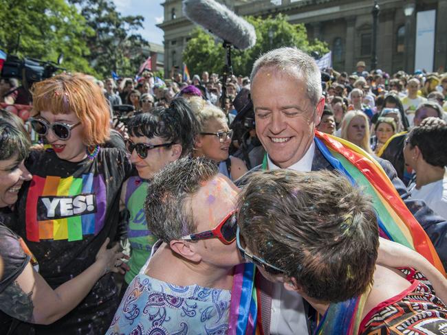 Melbourne: Bill Shorten with thousands of people celebrating the same-sex Marriage result party on the steps of the state library. Equality Campaign community event to broadcast live same-sex marriage survey results to the crowd. Picture: Jason Edwards
