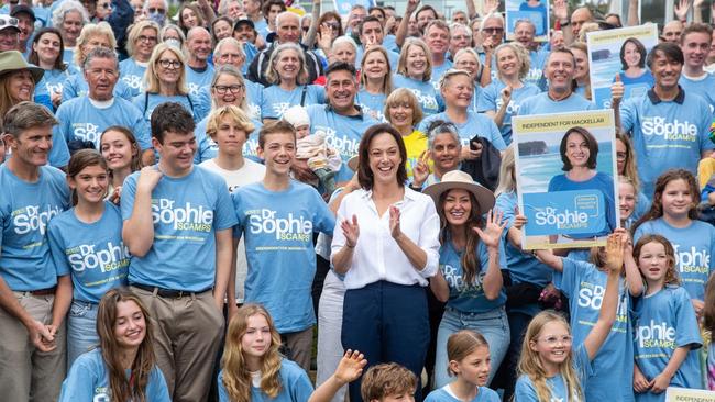 Sophie Scams, the federal independent MP for Mackellar, with her army of volunteers and supporters at the launch of her successful 2022 campaign. Picture: Supplied