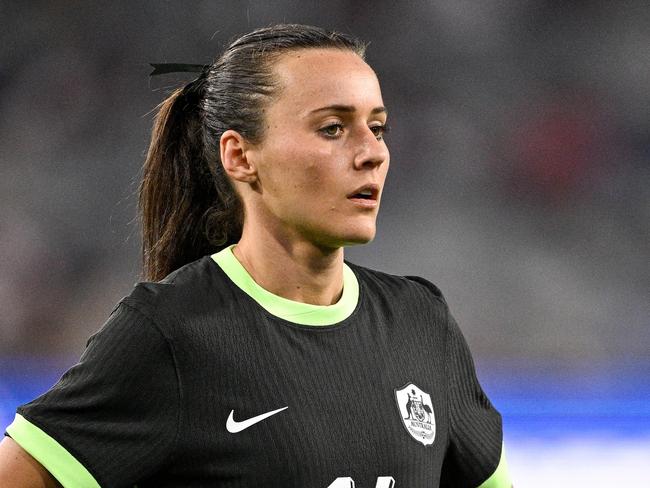 SAN DIEGO, CALIFORNIA - FEBRUARY 26: Hayley Raso #16 of Australia reacts during the second half of the 2025 SheBelieves Cup match between Australia and Colombia at Snapdragon Stadium on February 26, 2025 in San Diego, California.  (Photo by Orlando Ramirez/Getty Images)