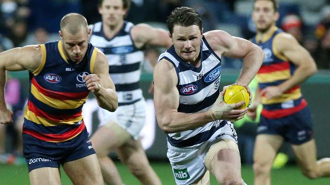 Patrick Dangerfield on the attack against the Crows. Picture: George Salpigtidis