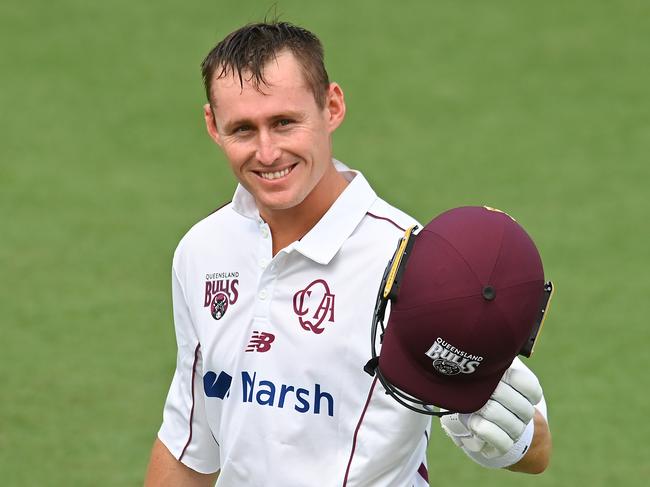 BRISBANE, AUSTRALIA - OCTOBER 07: Marnus Labuschagne of Queensland gestures to the crowd during the Sheffield Shield match between Queensland and Tasmania at Allan Border Field, on October 07, 2022, in Brisbane, Australia. (Photo by Albert Perez/Getty Images)
