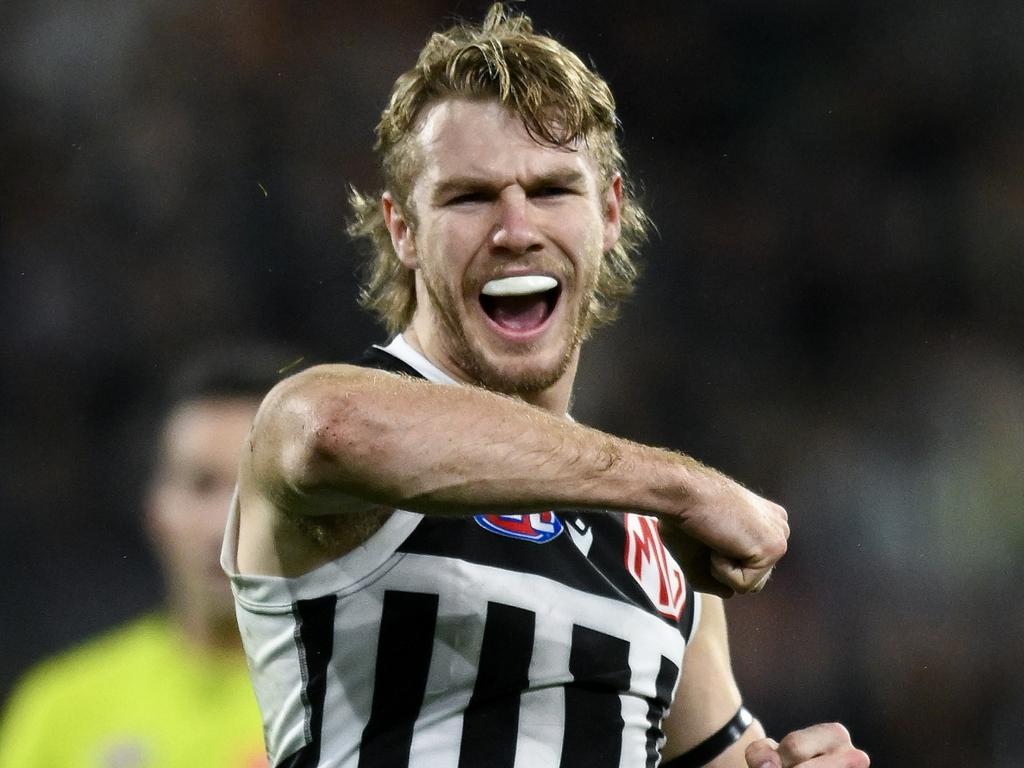 ADELAIDE, AUSTRALIA - AUGUST 17: Jason Horne-Francis of the Power celebrates a goal during the round 23 AFL match between Port Adelaide Power and Adelaide Crows at Adelaide Oval, on August 17, 2024, in Adelaide, Australia. (Photo by Mark Brake/Getty Images)