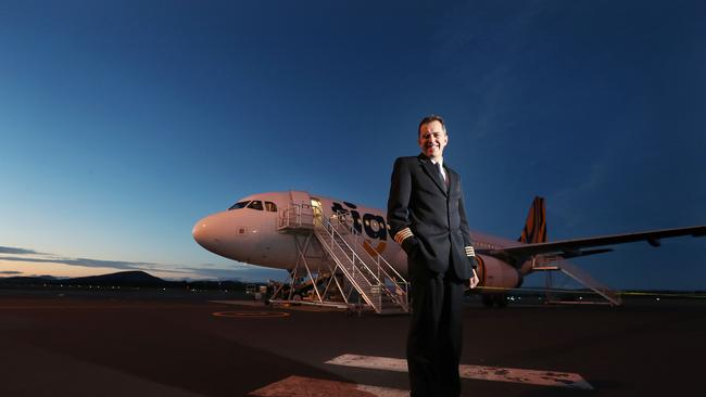 Tiger’s Captain Troy Petschel on the tarmac at Hobart International Airport in 2018. Picture: Nikki Davis-Jones