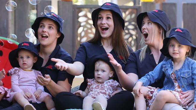 , One of their services, Busy Bees at Burpengary East, has 16 staff who have children who also attend the centre and receive the educator discount on their gap fees. (Left to right) Kelley Grice 5 Zara Grice 1 held by mother Kristy Wilcher (0414482958)Elliana Russell 1 with mother Tiein Beard 0434623053 Dakota Spedding 4 with mother Emily Spedding 0421147536, Pic Jamie Hanson