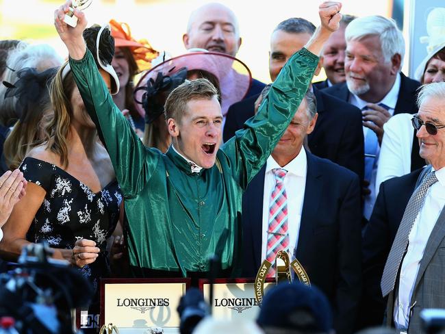 A jubilant Blake Shinn takes in Capitalist’s superb Slipper win. Picture: Getty Images