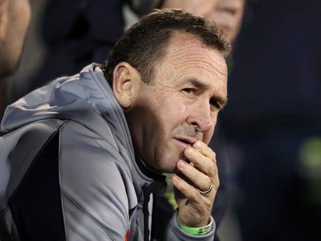 BATHURST, AUSTRALIA - JUNE 10:  Raiders coach Ricky Stuart watches on from the bench during the round 14 NRL match between the Penrith Panthers and the Canberra Raiders at Carrington Park on June 10, 2017 in Bathurst, Australia.  (Photo by Mark Kolbe/Getty Images)