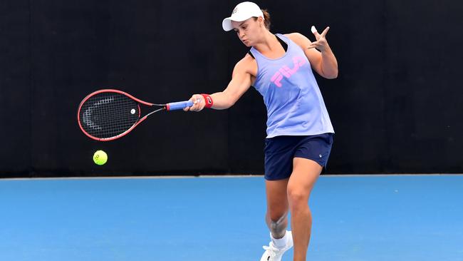 World No.1 Ash Barty hits out during a Tuesday practice session at the Queensland Tennis Centre in Brisbane. Picture: AAP Image/Darren England