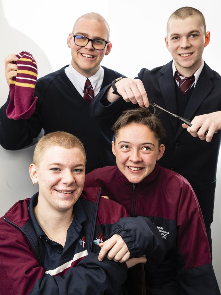 Mary MacKillop Catholic College students (from left) Isabelle Pannach, Reagan Pugsley, Paige Hahn and Jackson Stansell recently participated in the World's Greatest Shave, Thursday, June 9, 2022. Picture: Kevin Farmer